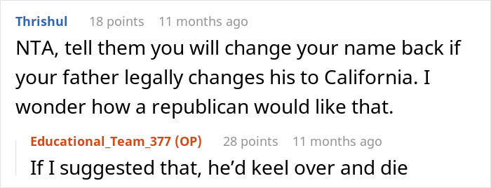 Comments discussing keeping a name change a secret, mentioning legal changes and family reactions. Comments discussing keeping a name change a secret, mentioning legal changes and family reactions.