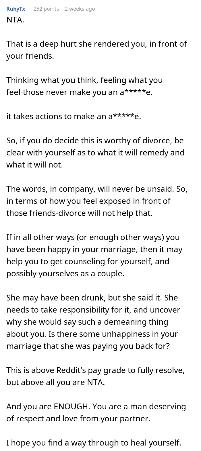 Reddit comment discussing thoughts on divorcing wife after public exposure incident. Reddit comment discussing thoughts on divorcing wife after public exposure incident.