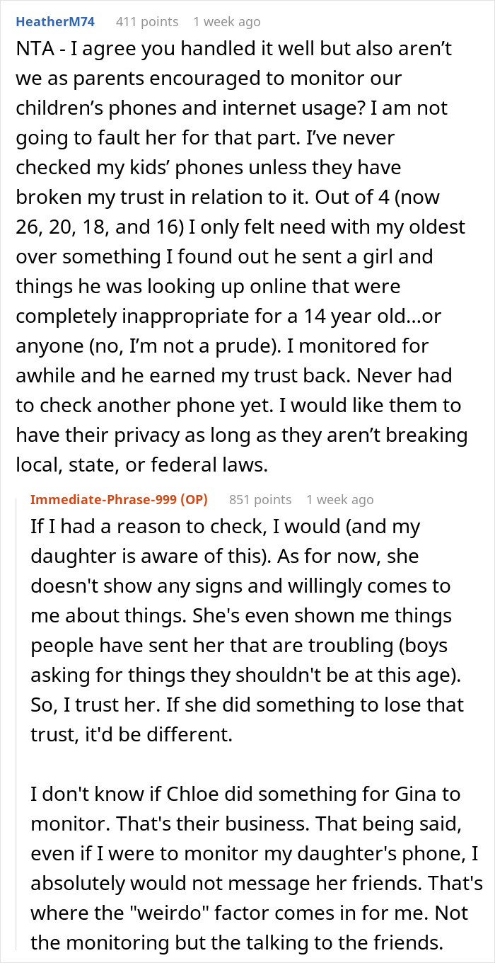 Parents discuss monitoring teens' phones; one labeled as 'weirdo' for intervening. Dispute arises over privacy invasion. Parents discuss monitoring teens' phones; one labeled as 'weirdo' for intervening. Dispute arises over privacy invasion.