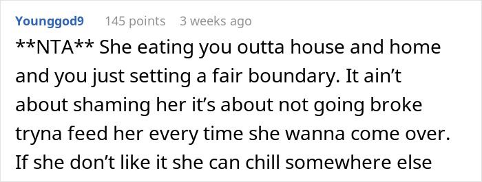 Reddit comment defending woman confronting friend over $60 grocery expenses. Reddit comment defending woman confronting friend over $60 grocery expenses.