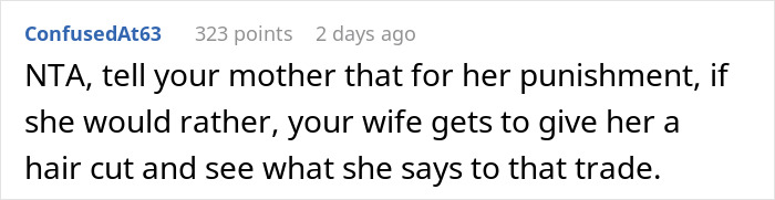 Reddit comment about a MIL cutting a child's hair without permission, suggesting a humorous consequence. Reddit comment about a MIL cutting a child's hair without permission, suggesting a humorous consequence.