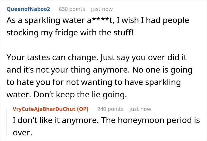 Reddit conversation about faking a liking for sparkling water, discussing changing tastes. Reddit conversation about faking a liking for sparkling water, discussing changing tastes.