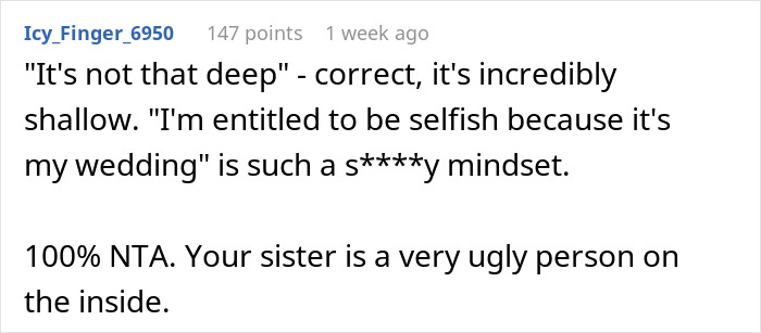 Reddit comment criticizing a bride's choice of bridesmaids for her wedding. Reddit comment criticizing a bride's choice of bridesmaids for her wedding.