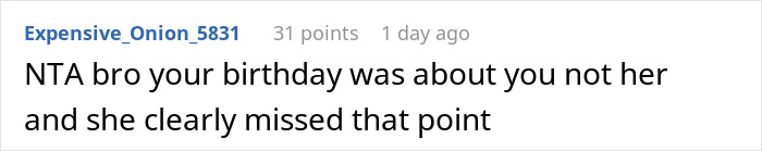 Reddit comment criticizing a girlfriend for making a birthday about her instead of the celebrant. Reddit comment criticizing a girlfriend for making a birthday about her instead of the celebrant.