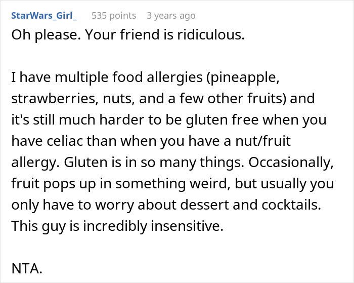 Text post discussing differences between gluten-free and fruit allergies, highlighting insensitivity towards gluten-free diet. Text post discussing differences between gluten-free and fruit allergies, highlighting insensitivity towards gluten-free diet.