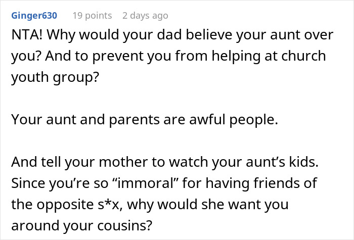 Comment criticizing aunt’s drama in niece’s life after she refuses to babysit her kids, highlighting family conflict. Comment criticizing aunt’s drama in niece’s life after she refuses to babysit her kids, highlighting family conflict.