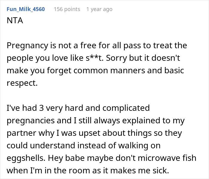 Reddit comment on pregnancy and respecting partners, discussing manners and communication during difficult times. Reddit comment on pregnancy and respecting partners, discussing manners and communication during difficult times.
