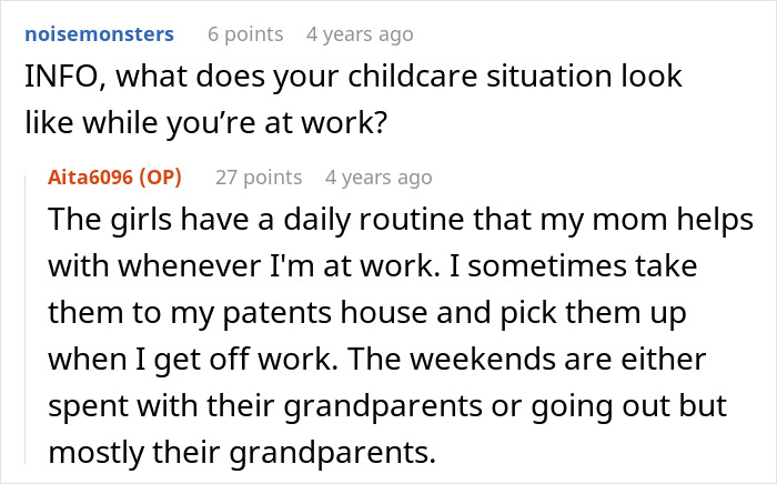 Comment thread discussing childcare routine when the woman is at work; involves assistance from grandparents. Comment thread discussing childcare routine when the woman is at work; involves assistance from grandparents.