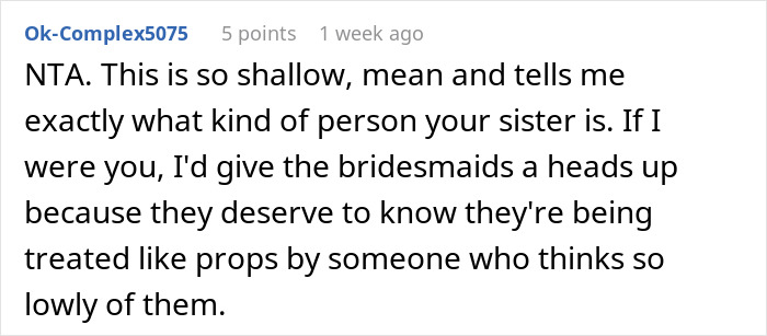 Screenshot of a comment criticizing a bride's choice of random bridesmaids. Screenshot of a comment criticizing a bride's choice of random bridesmaids.
