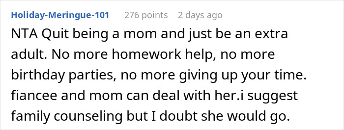 Online comment discussing issues with a fiance's daughter, suggesting family counseling. Online comment discussing issues with a fiance's daughter, suggesting family counseling.