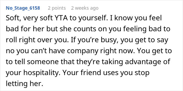 Reddit comment advising a woman on confronting a friend who regularly consumes $60 of her groceries. Reddit comment advising a woman on confronting a friend who regularly consumes $60 of her groceries.
