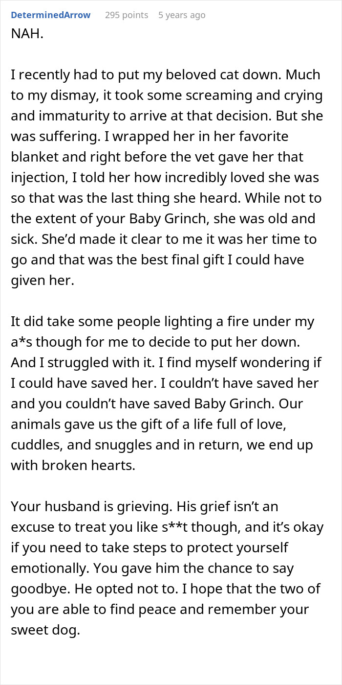 Discussion about a woman ending her dog's suffering and her husband's feelings of betrayal. Discussion about a woman ending her dog's suffering and her husband's feelings of betrayal.
