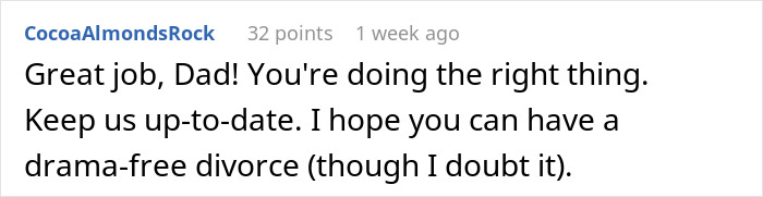 Comment about a dad defending bi daughter amid wife threatening divorce, highlighting family conflict and lifestyle embarrassment.