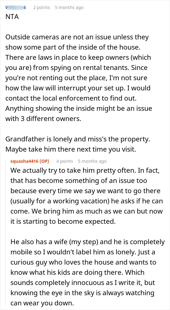 Reddit post discussing vacation house security cameras and elderly father's surveillance concerns. Reddit post discussing vacation house security cameras and elderly father's surveillance concerns.