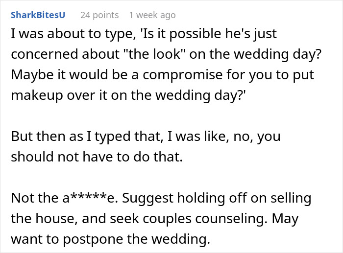Man concerned about future wife's tattoo choice, suggesting wedding postponement and counseling. Man concerned about future wife's tattoo choice, suggesting wedding postponement and counseling.