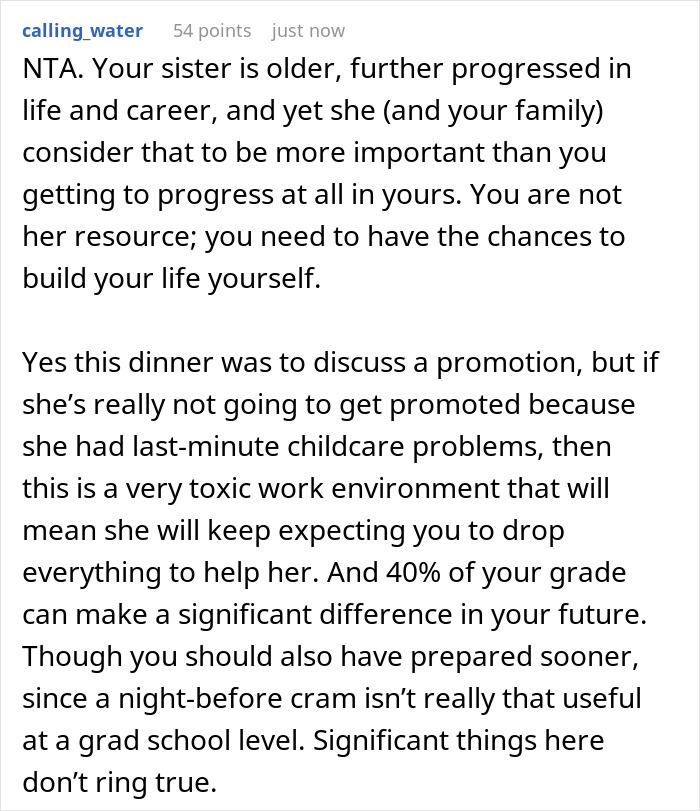 Comment discussing babysit sister kids work dinner challenges amid career progress and last-minute childcare problems. Comment discussing babysit sister kids work dinner challenges amid career progress and last-minute childcare problems.
