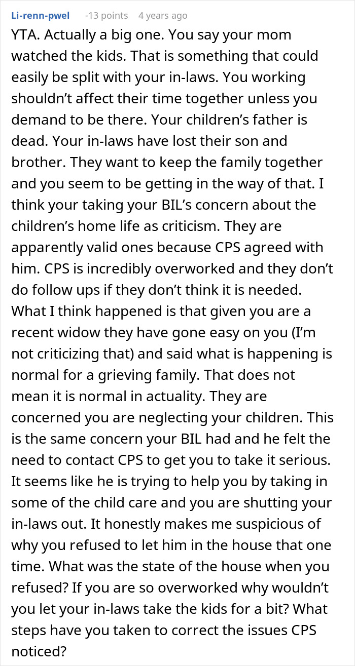 Text of a social media comment discussing a woman's situation with CPS and her brother-in-law's concerns. Text of a social media comment discussing a woman's situation with CPS and her brother-in-law's concerns.