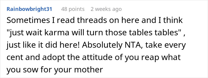 Reddit comment discussing karma and inheritance from parents' apartment. Reddit comment discussing karma and inheritance from parents' apartment.