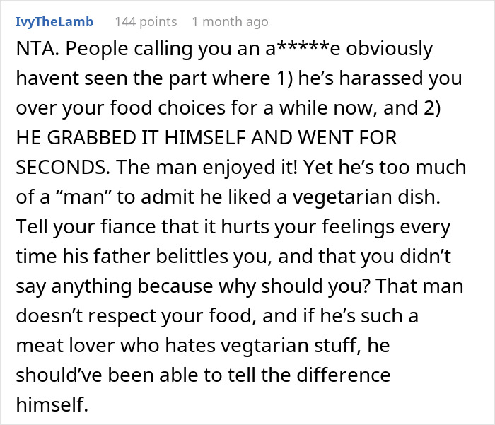 Text screenshot critiquing FIL's reaction to vegetarian meatballs; discusses food respect and relationship dynamics. Text screenshot critiquing FIL's reaction to vegetarian meatballs; discusses food respect and relationship dynamics.