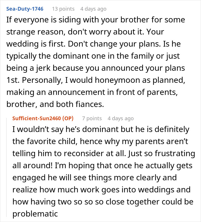 Text exchange about sibling wedding conflicts, focusing on the brother's demands to postpone the sister's honeymoon. Text exchange about sibling wedding conflicts, focusing on the brother's demands to postpone the sister's honeymoon.