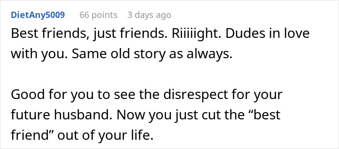 Text comment about a woman's best friend disrespecting her fiancé by cropping him out of an engagement photo. Text comment about a woman's best friend disrespecting her fiancé by cropping him out of an engagement photo.