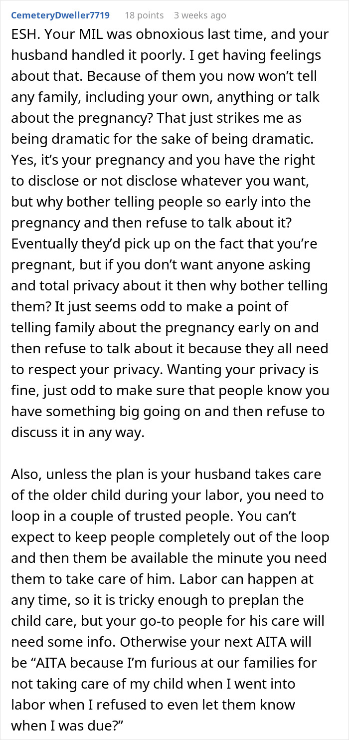 Woman considers keeping pregnancy news from MIL, seeking husband's attention. Woman considers keeping pregnancy news from MIL, seeking husband's attention.