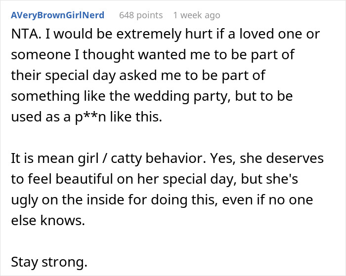 Online comment criticizing a bride for choosing bridesmaids perceived as "uglier" to boost confidence. Online comment criticizing a bride for choosing bridesmaids perceived as "uglier" to boost confidence.