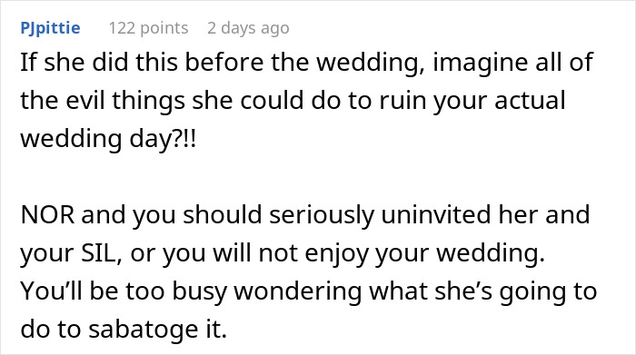 Comment discussing MIL's behavior impacting honeymoon plans and wedding enjoyment. Comment discussing MIL's behavior impacting honeymoon plans and wedding enjoyment.