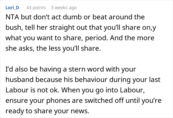 Text response on keeping pregnancy news private from MIL for husband's attention. Text response on keeping pregnancy news private from MIL for husband's attention.