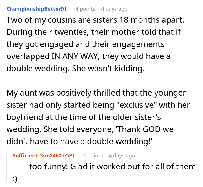 Text messages about siblings' wedding plans and family reactions, discussing double wedding concerns. Text messages about siblings' wedding plans and family reactions, discussing double wedding concerns.