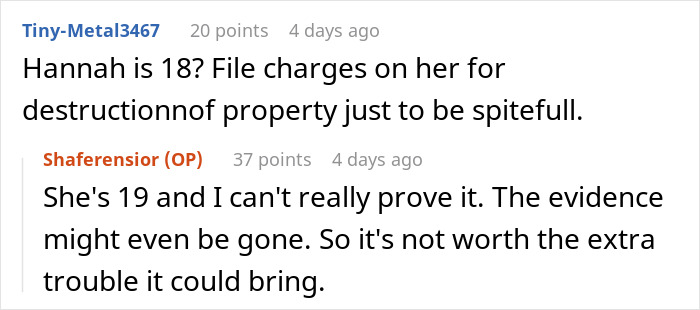 Reddit discussion about legal action for property destruction involving a teen and stepdaughter. Reddit discussion about legal action for property destruction involving a teen and stepdaughter.