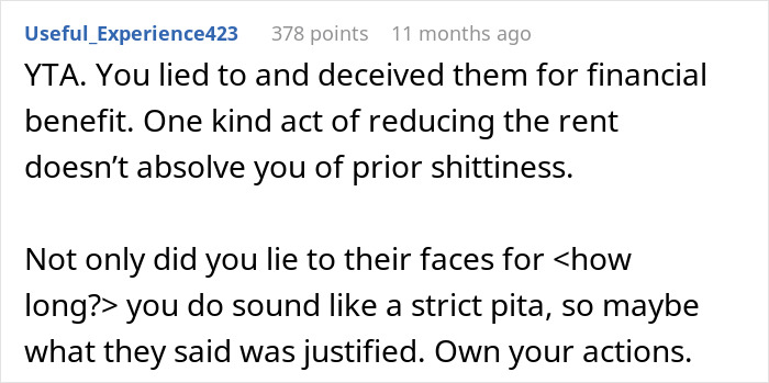 Reddit comment criticizing someone for hiding their landlord status from roommates. Reddit comment criticizing someone for hiding their landlord status from roommates.