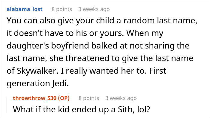 Reddit comments debating baby last names and marriage seen as a scam. Reddit comments debating baby last names and marriage seen as a scam.