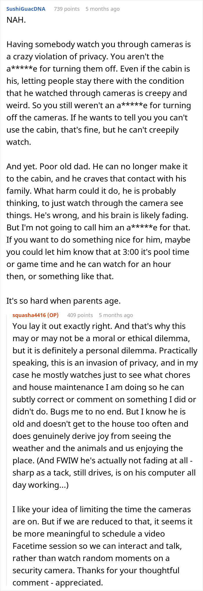 Reddit comments discussing privacy concerns with turning off vacation house security cameras. Reddit comments discussing privacy concerns with turning off vacation house security cameras.
