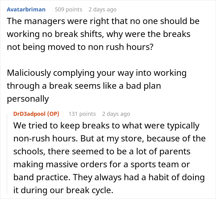 Text exchange about strict break policy leading to chaos during kitchen rush hours. Text exchange about strict break policy leading to chaos during kitchen rush hours.