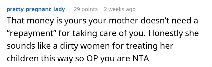 Reddit comment discussing keeping money from parents' apartment sale, calling the poster NTA. Reddit comment discussing keeping money from parents' apartment sale, calling the poster NTA.