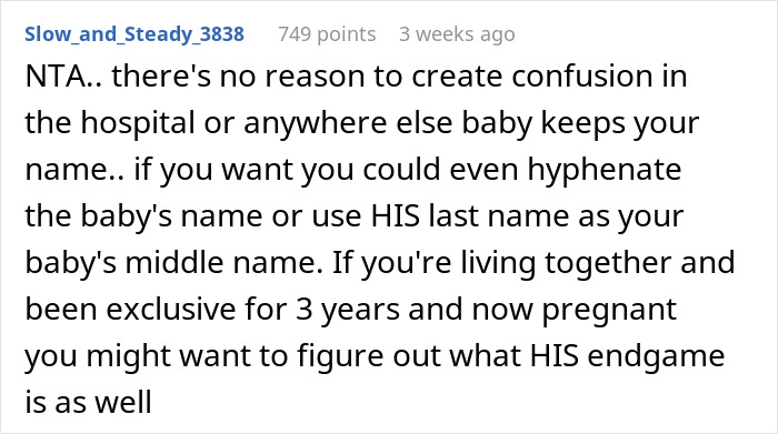 Comment discussing last name choice for baby, mentioning living together for three years and pregnancy context. Comment discussing last name choice for baby, mentioning living together for three years and pregnancy context.