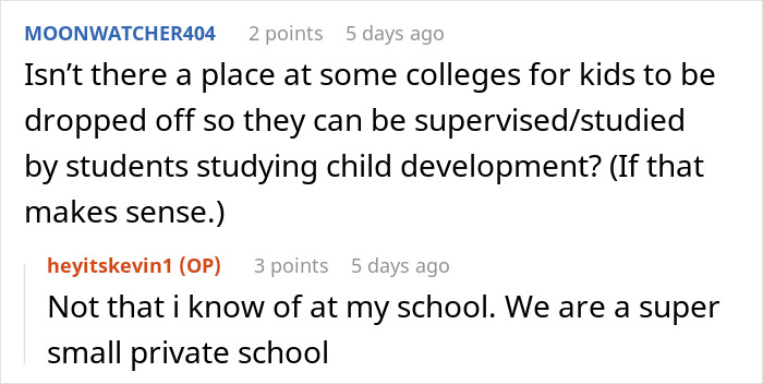 College discussion about childcare facilities in comments, with one mentioning a lack of supervision options. College discussion about childcare facilities in comments, with one mentioning a lack of supervision options.