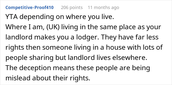 Text comment discussing landlord deception and renters' rights differences in shared living situations. Text comment discussing landlord deception and renters' rights differences in shared living situations.