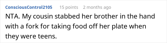 Reddit comment discussing a family incident over food involving siblings. Reddit comment discussing a family incident over food involving siblings.
