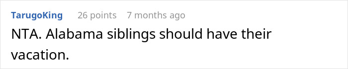 Comment discussing family vacation dynamics, 26 points, user TarugoKing. Comment discussing family vacation dynamics, 26 points, user TarugoKing.