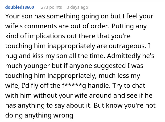 Reddit post discussing a teen boy seeking affection from his dad, user commenting on implications. Reddit post discussing a teen boy seeking affection from his dad, user commenting on implications.