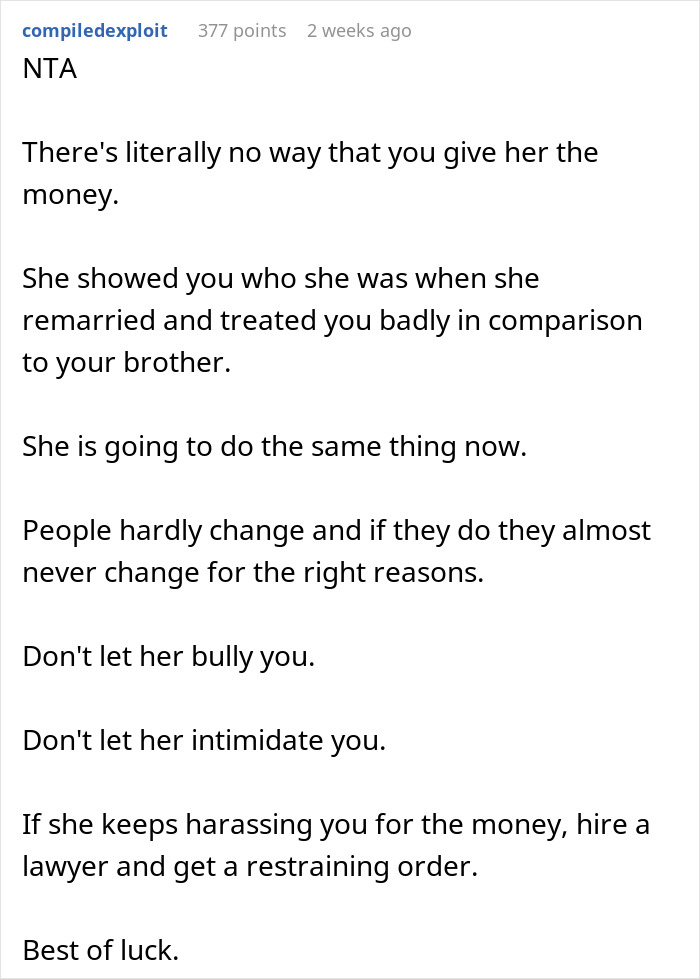 Reddit comment discussing money plans related to parents' apartment, advising legal action against harassment. Reddit comment discussing money plans related to parents' apartment, advising legal action against harassment.