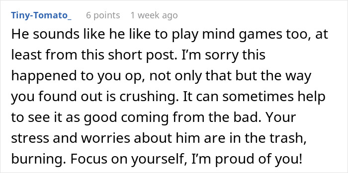 Reddit comment about coping after relationship issues discovered through a phone in ER. Reddit comment about coping after relationship issues discovered through a phone in ER.