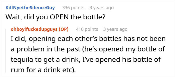 Reddit comments about opening a bottle of expensive aged scotch mistakenly, discussing the cost and usual practice. Reddit comments about opening a bottle of expensive aged scotch mistakenly, discussing the cost and usual practice.