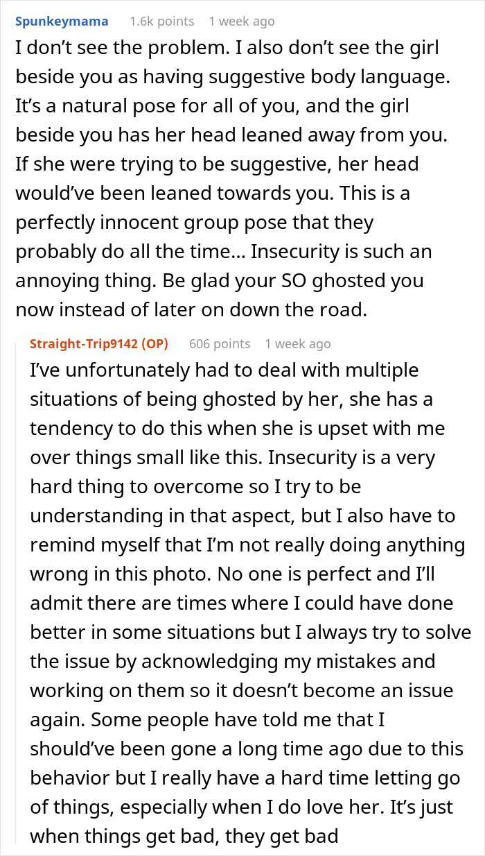 Reddit comments discussing relationship insecurity over a group's photo pose. Reddit comments discussing relationship insecurity over a group's photo pose.