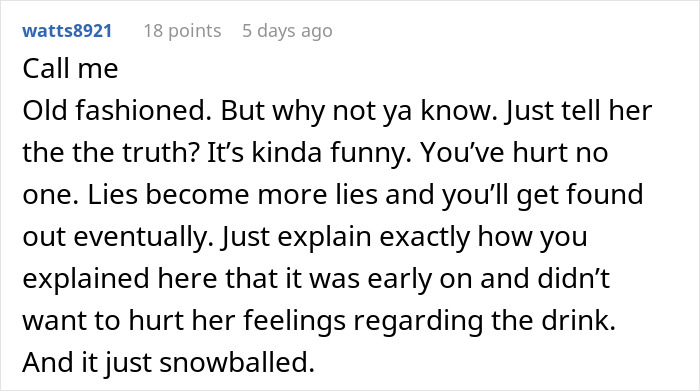 Text comment discussing faking an allergy leading to more lies and unexpected consequences. Text comment discussing faking an allergy leading to more lies and unexpected consequences.