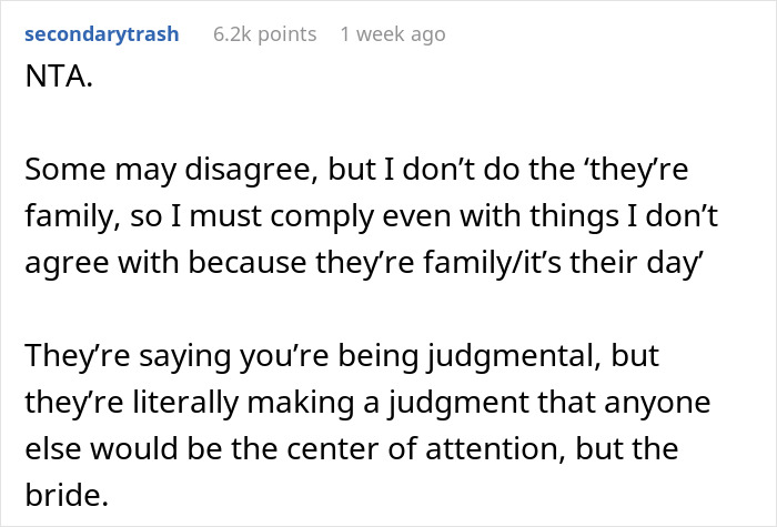 Text screenshot discussing judgment about bride's choice of bridesmaids. Text screenshot discussing judgment about bride's choice of bridesmaids.