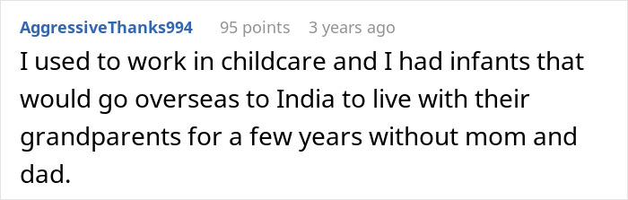 Reddit comment discussing infants living overseas with grandparents without parents. Reddit comment discussing infants living overseas with grandparents without parents.