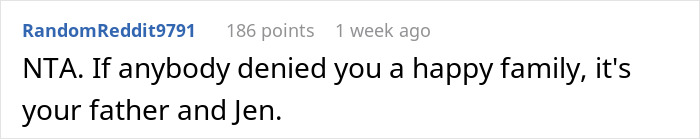 Reddit comment about stepmom's affair impacting family happiness and karma consequences years later. Reddit comment about stepmom's affair impacting family happiness and karma consequences years later.